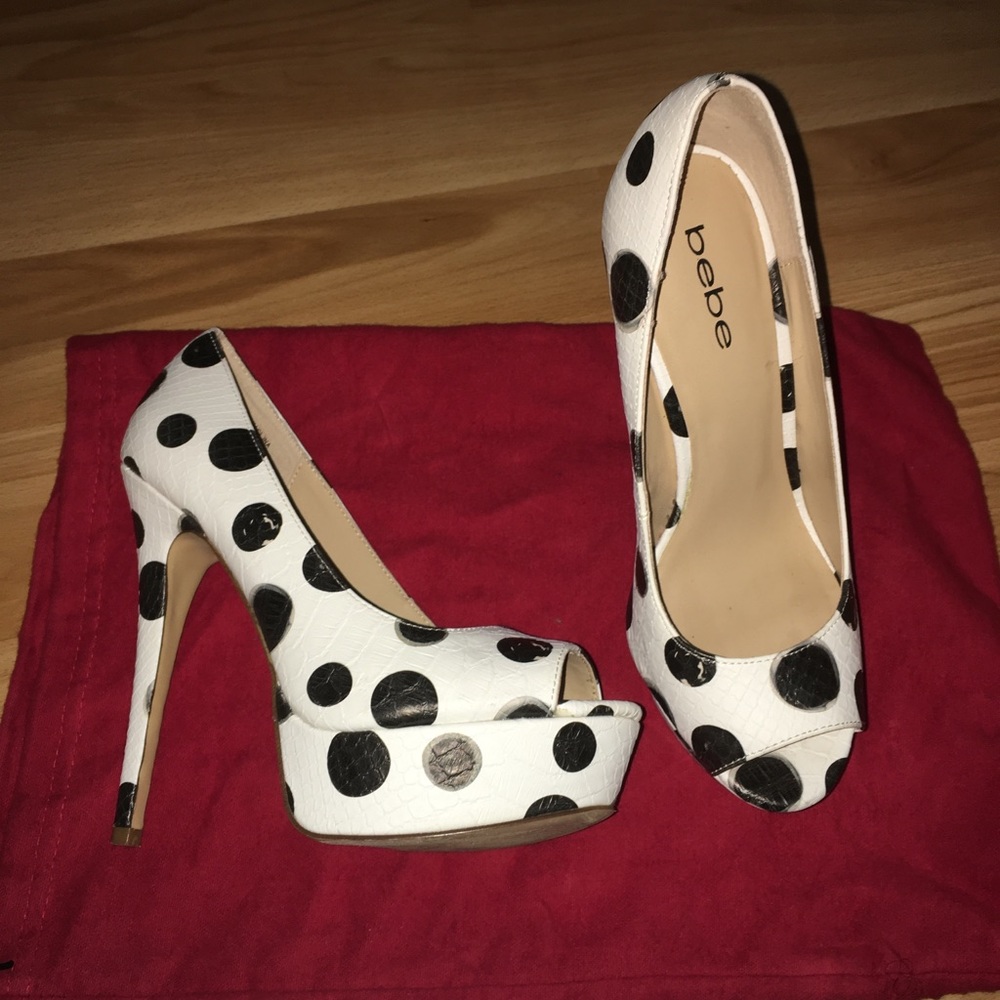 Bebe white and black poka dot peep toe high heel